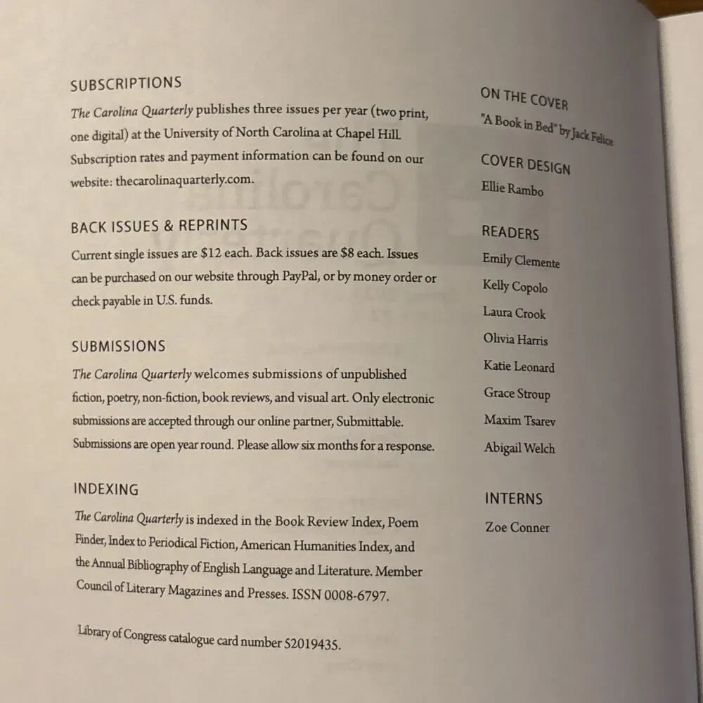 The Carolina Quarterly Volume 72.1 Spring 2023 Poetry Fiction Art Essays Reviews